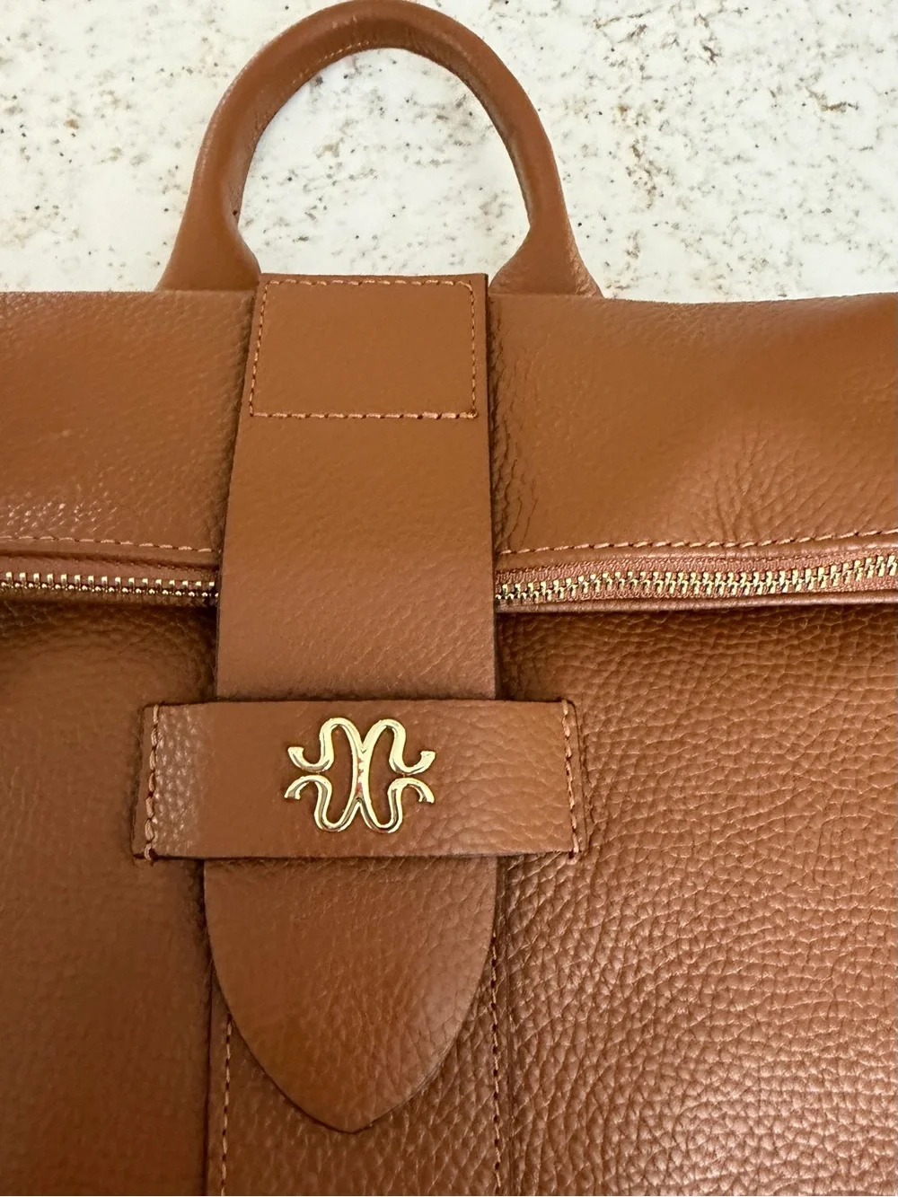 Stauer Pebbled Brown Leather Backpack with Gold Hardware